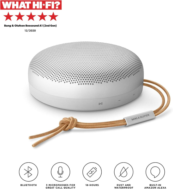 Bang & Olufsen Beosound A1 (generația a 2-a) - Difuzor Bluetooth portabil fără fir, rezistent la apă IP67, cu sunet la 360 de grade, asistent vocal Alexa și difuzor, durată de viață a bateriei 18 H - Grey Mist