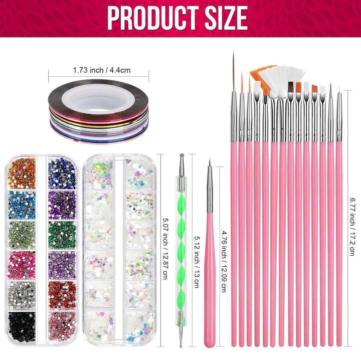 FANDAMEI Nail Art Pinsel Set, 15 Stücke Pinsel Für Gelnägel Nagel Pinsel, 5 Stücke Dotted Pen, 10 Rolle Streifenband Nägel, Strasssteine Nägel, Ultra Dünn Nagel Pailletten Für Nagelkunst Maniküre Set