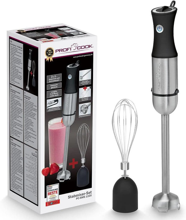 Proficook® 2In1 Stabmixer & Schneebesen | Stabmixer 1000 Watt Für Mixen, Zerkleinern & Pürieren | Smoothie Maker M. Langem Mixstab | Pürierstab M. Edelstahlgehäuse & Soft Touch-Griff | PC-SMS 1220