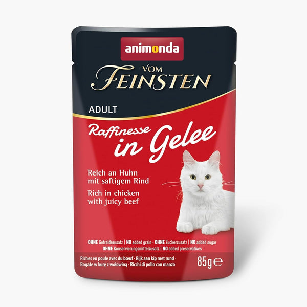 Animonda Vom Feinsten Adult Raffinesse Hrană pentru pisici în jeleu cu pui și carne de vită (24 X 85 G), hrană umedă cu taurină și vitamina D3, fără adaos de soia, zahăr și conservanți