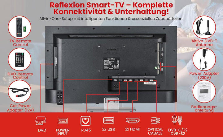 REFLEXION LDDX27IBT Smart LED Fernseher 27 Zoll / 69Cm, LG Weboshub, Wohnwagen/Wohnmobil/Camping/Caravan/Boot/Lkw TV, Slimline, 12/24/230 Volt, Full HD, Triple Tuner, Bluetooth, WLAN, Dvd-Player