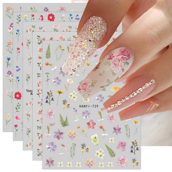 JMEOWIO Nagelsticker Frühlings Blume 9 Blatt Nail Art Sticker Selbstklebend Nagelaufkleber Bunte Sommer Blumen Dekoration Nageldesign Zubehör