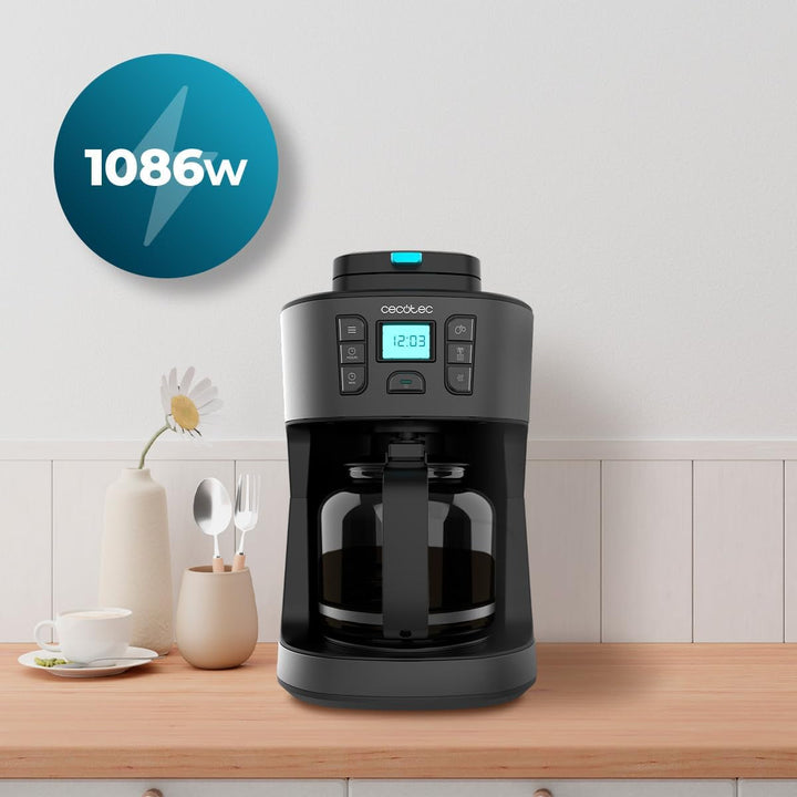 Cafetieră cu picurare Cecotec Coffee 66 Grind & Drop Essential. 1086 W, râșniță cu lame, până la 12 cești, tehnologie Extreme Aroma, digitală, fabricată din oțel inoxidabil, cu oprire automată.