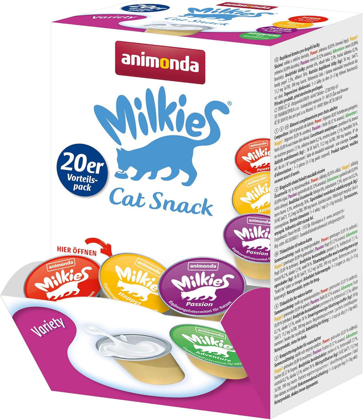 Animonda Milkies Selection (20 cupe À 15 G), lapte de pisică ușor digerabil pentru pisici adulte, pachet valoric practic cu 20 de cupe de lapte de pisică, gustare cu lapte fără soia și zahăr
