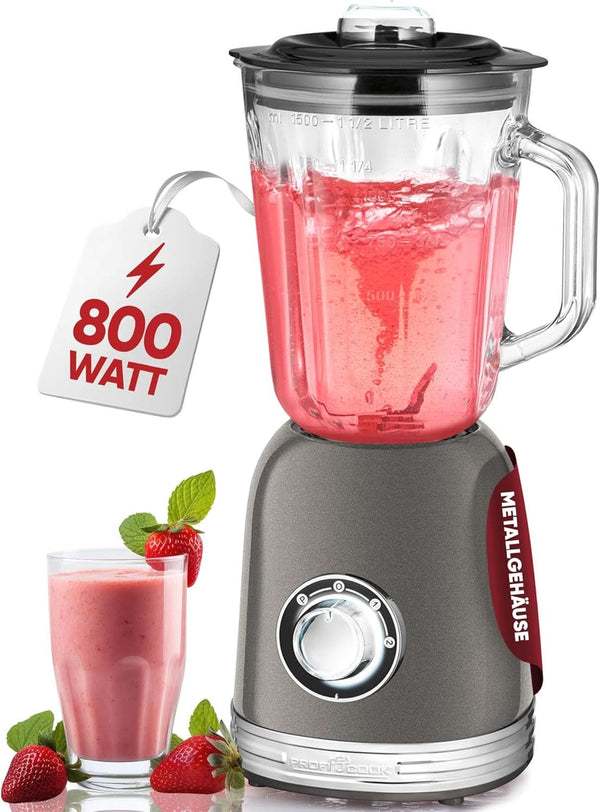 Proficook® Mixer Standmixer Mit Massivem 1,5L Glas-Behälter, Ice Crush & Turbo-Modus - Blender Mit 4Fach Piranha-Messer Aus Edelstahl - Hochleistungsmixer Mit Metallgehäuse 800W, PC UM 1195 Anthrazit