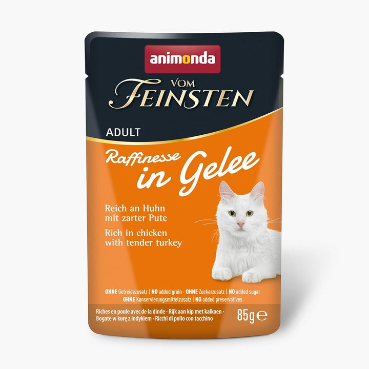 Animonda Vom Feinsten Adult Raffinesse Hrană pentru pisici în jeleu cu pui și carne de vită (24 X 85 G), hrană umedă cu taurină și vitamina D3, fără adaos de soia, zahăr și conservanți
