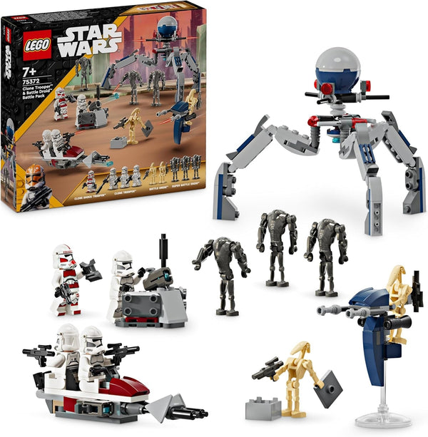 LEGO Star Wars 75372 Clone Trooper & Battle Droid Battle Pack, Incl. 4 minifigurine, 5 droizi și motocicletă speeder cu shooter - Jucărie de construcție pentru băieți și fete cu vârsta de peste 7 ani