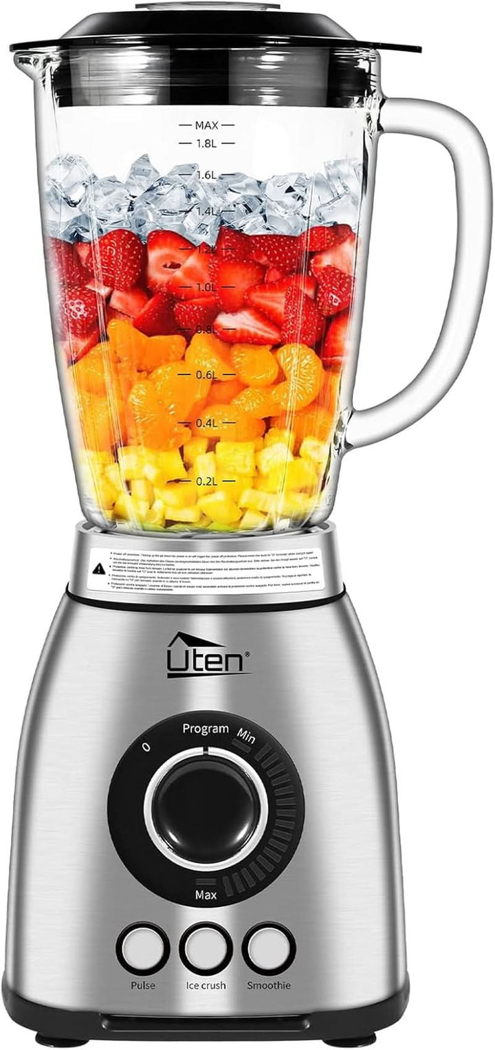 Uten Standmixer 2L, 1800 W Mixer Hochleistungsmixer, Pulse Und 5 Geschwindigkeiten, Edelstahlgehäuse, 6 Klingen, Macht Milchshake-Smoothies, Mahlbare Kaffeebohnen