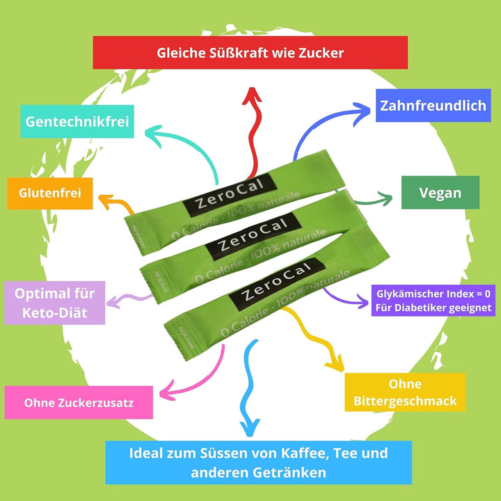 Zerocal - 1:1 (Erythrit + Stevia) 100 Sticks Je 3 G | Ideal Zum Süßen Von Kaffee, Tee Und Andere Getränke | Gleiche Süßkraft Von Zucker | Glutenfrei, Vegan, Gmo-Free | Kalorien Und GI = 0