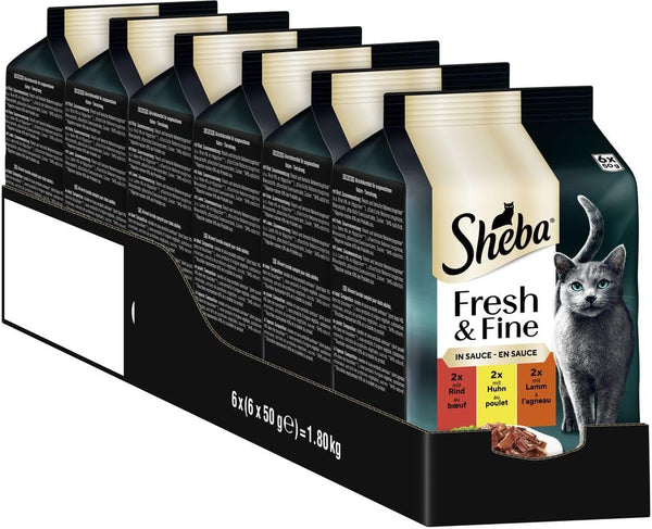 Sheba Portion Bag Wet Cat Food Multipack Fresh & Fine in Sauce with Beef and Chicken, 6X6X50G - Hrană premium pentru pisici în sos, ideală pentru pisica dumneavoastră