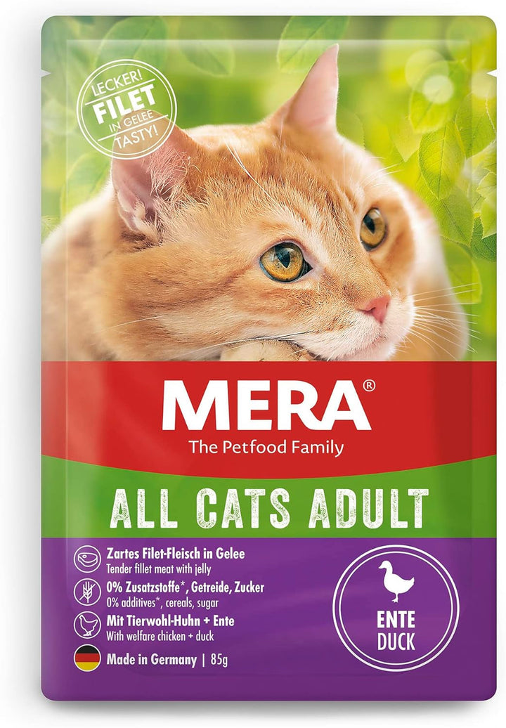 Mera Cats Adult Wet Food Multibox, pentru pisici adulte, fără cereale și sustenabilă, hrană pentru pisici cu conținut ridicat de carne din pui, vită, rață și somon, 12 X 85 G