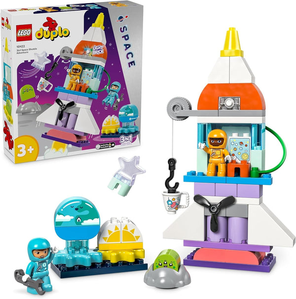 Naveta spațială LEGO DUPLO 3 în 1 pentru o mulțime de aventuri, set spațial cu jucărie rachetă pentru copii de construit, jucărie pentru știință și abilități motorii pentru dezvoltare timpurie, cadou pentru copiii de 3 ani 10422