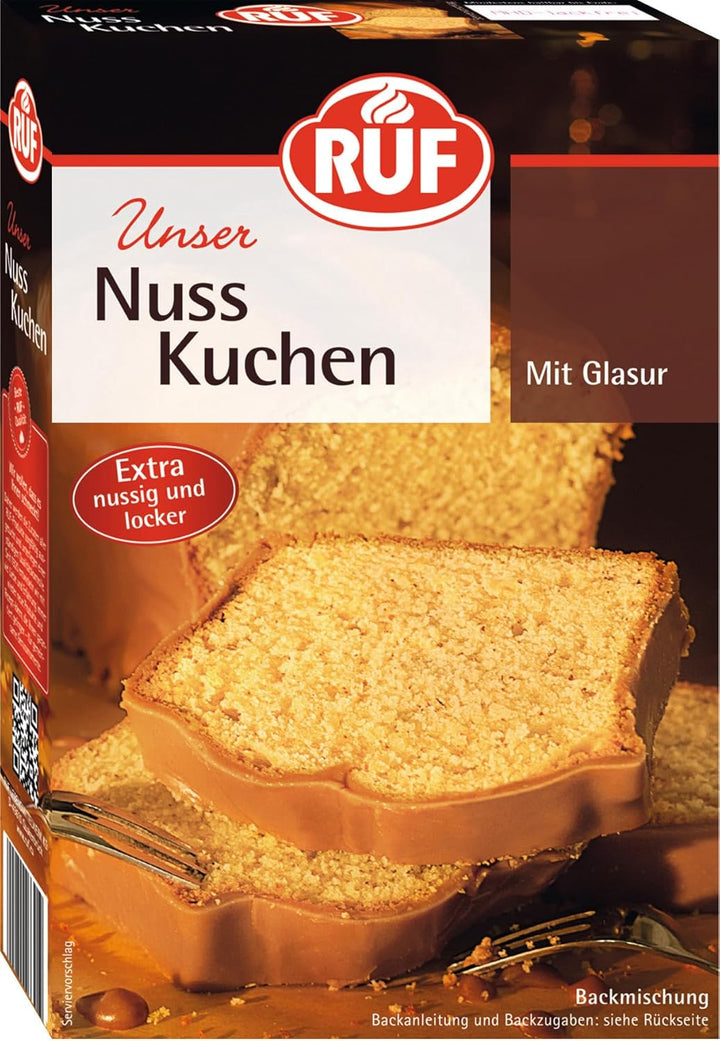 RUF Nusskuchen, Backmischung Mit Schneller Und Einfacher Zubereitung, Nussig Und Locker Mit Glasur, Als Grundlage Für Rüblikuchen, Vegan, 1 X 520G