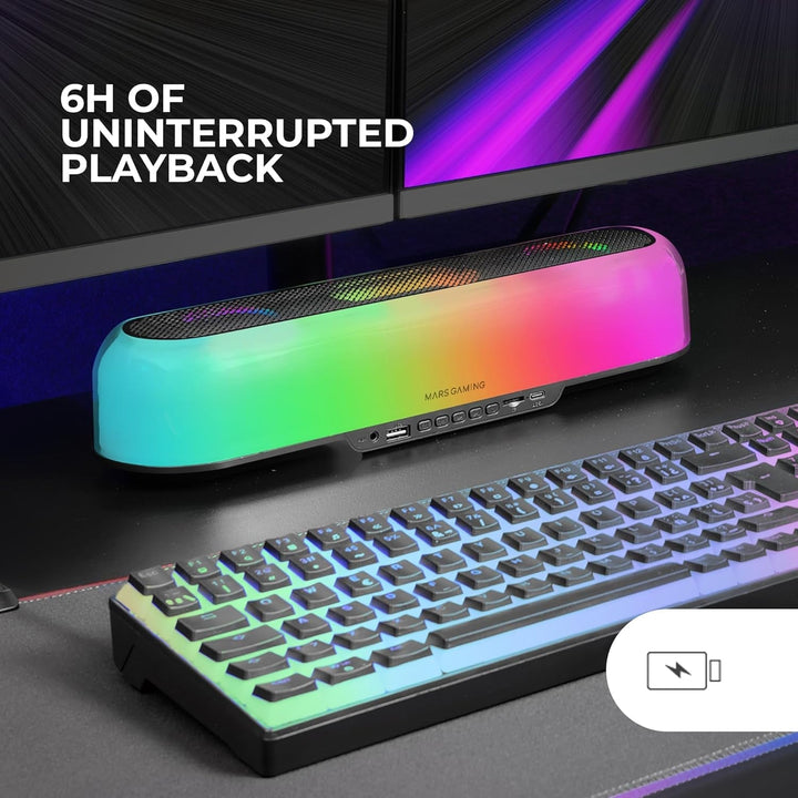 Mars Gaming MSB-ORB, Tragbarer Lautsprecher + Soundbar 20W, Orbilight RGB 360° Beleuchtung, Soundbar Mit Triple-Driver-System, Gaming-Lautsprecher Bluetooth 5.3 / Usb/Microsd/Aux/Fm, Schwarz