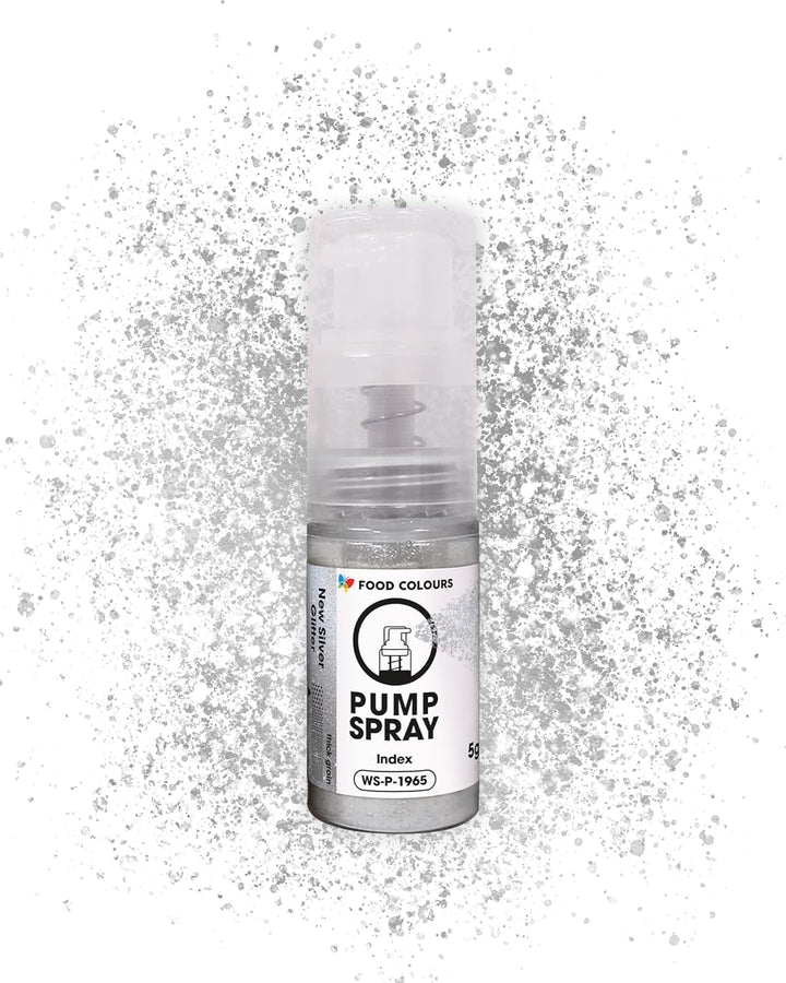 Spray alimentar cu sclipici comestibil NOUĂ pompă SILVER SHIMMERING 5G cu pudră metalică pentru decorarea rapidă și eficientă a prăjiturilor, cremelor, jeleurilor, pralinelor, decorațiunilor din ciocolată și zahăr
