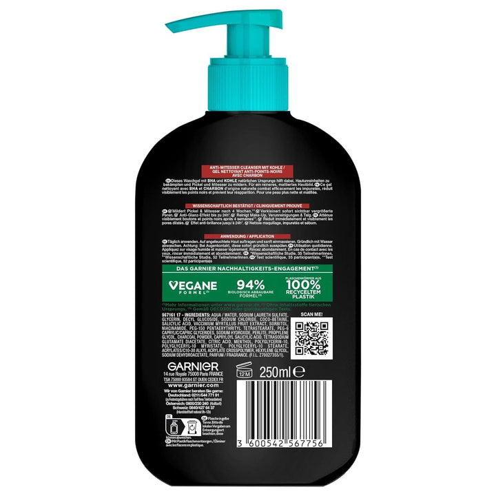 Garnier, Cleanser cu cărbune, gel de curățare facială împotriva punctelor negre și a coșurilor, 250 ml