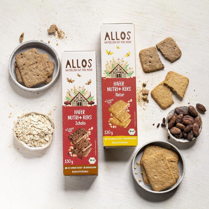 Biscuiți cu ovăz și ciocolată bio Allos | Biscuit crocant cu ovăz integral și ciocolată | Îndulciți cu miere | 6 x 130 g
