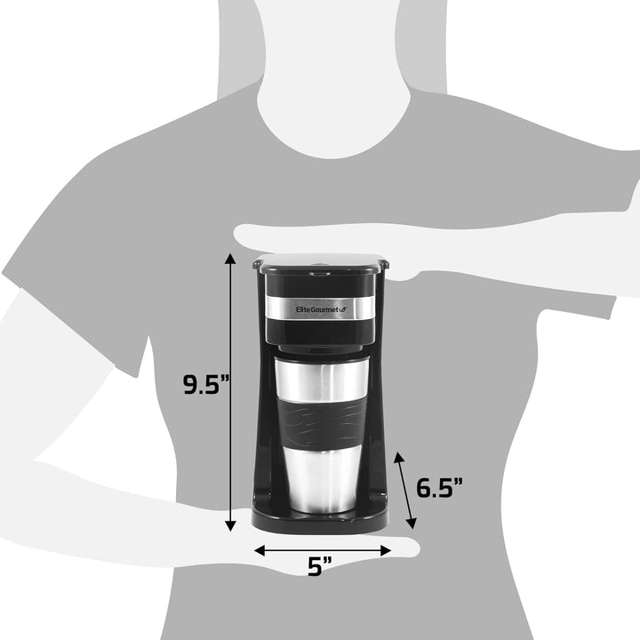 Elite Gourmet EHC111A# Cafetieră cu filtru cu porție unică, compactă, plus cană de călătorie termo cu interior din oțel inoxidabil, pentru cafea măcinată, filtru reutilizabil, 398 ml, negru