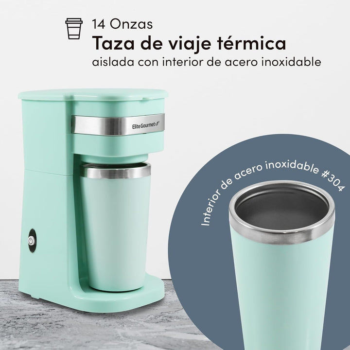 Cafetieră cu filtru pentru o singură servire EHC113M#, compactă, personală, cu cană termică de călătorie din oțel inoxidabil în interior, pentru cafea măcinată, filtru reutilizabil, verde mentă, 400 ml