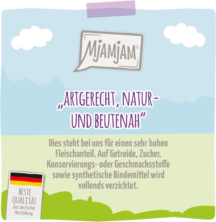 Mjamjam - Hrană umedă premium pentru pisici - Quetschie - Curcan gustos cu morcovi gustoși, pachet de 6 (6 X 300 G), fără cereale cu extra carne
