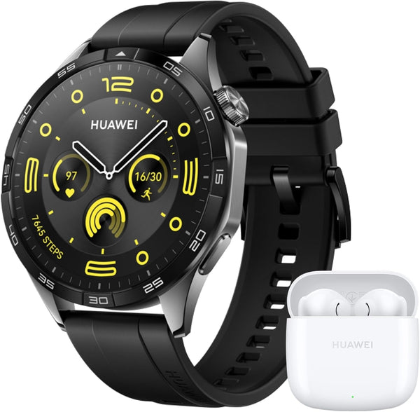 Ceas inteligent HUAWEI WATCH GT 4 46mm, Autonomie până la 2 săptămâni, Android și iOS, Gestionarea caloriilor, Gestionarea sănătății profesionale, SpO2, GPS, Versiunea germană, Negru + FreeBuds SE 2