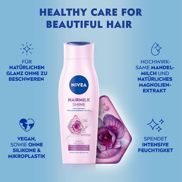 NIVEA Conditioning Shampoo Hairmilk Shine Gloss, șampon fără siliconi pentru păr uscat, 250 ml