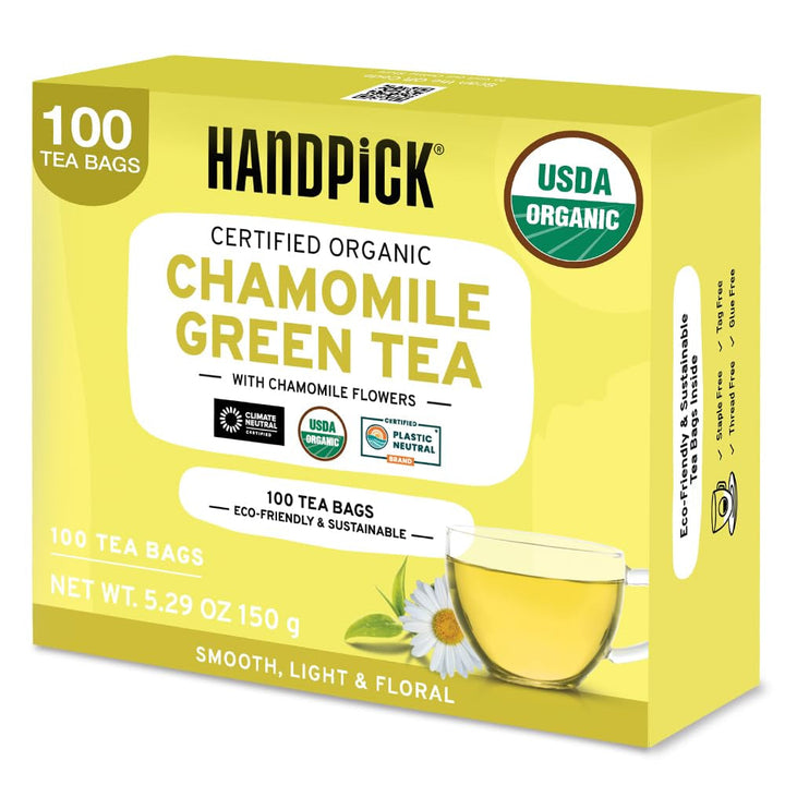 HANDPICK, pliculețe de ceai verde - 25 bucăți | 100% frunze de ceai verde pur din Himalaya, India | Plicuțe de ceai verde ecologice, preparare la cald sau rece