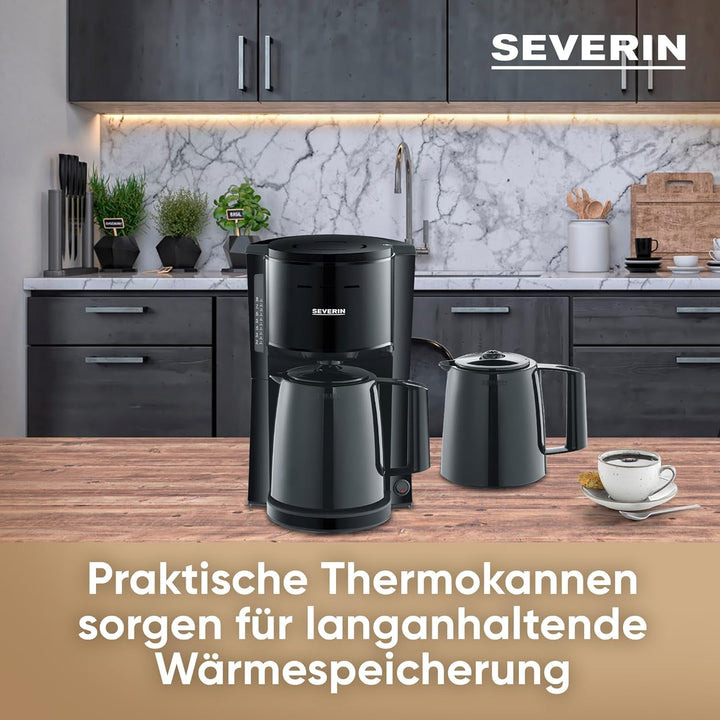 SEVERIN filtru de cafea cu 2 carafe termos, filtru de cafea pentru până la 8 cești per carafă, filtru de cafea cu 2 carafe cu vid, negru, KA 9307