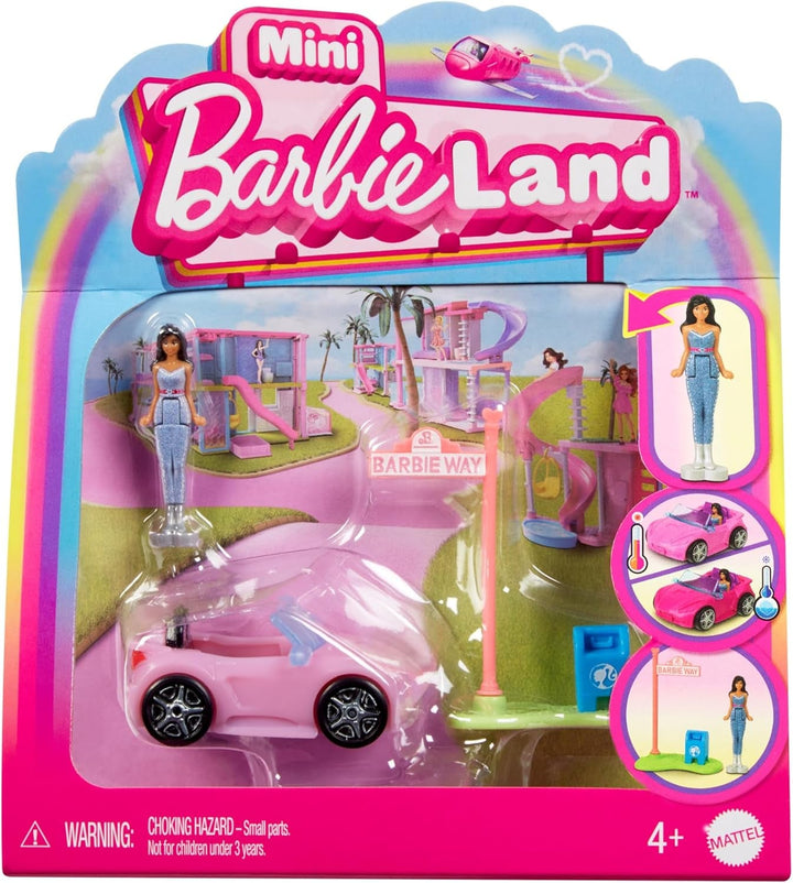 Barbie Mini Barbieland set de păpuși și vehicule de jucărie, păpușă de 1,5 inci și vehicul de jucărie iconic cu surpriză care își schimbă culoarea, HYF43