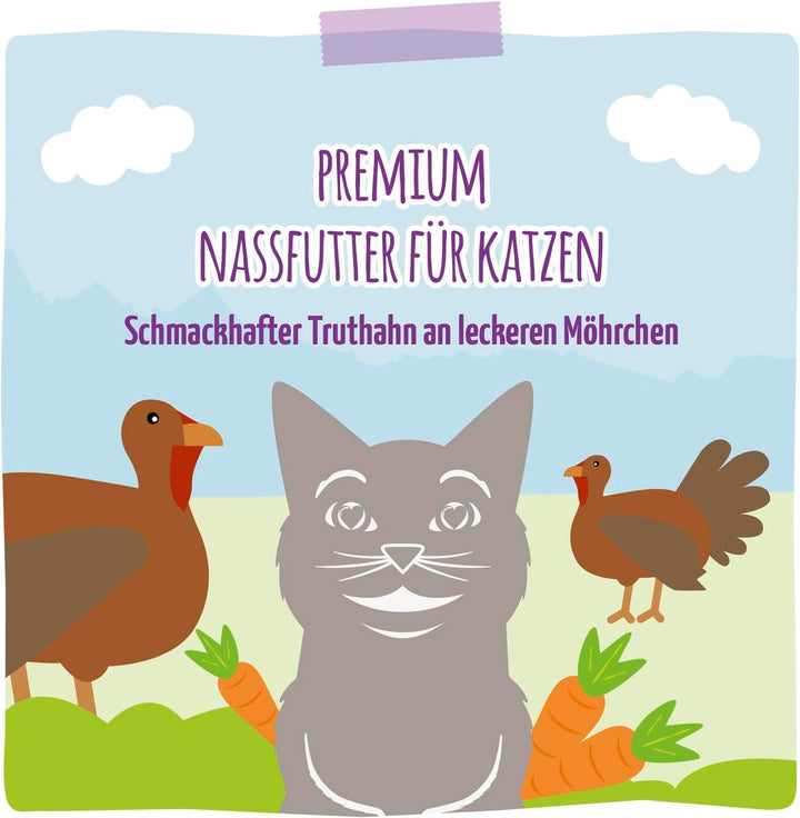 Mjamjam - Hrană umedă premium pentru pisici - Quetschie - Curcan gustos cu morcovi gustoși, pachet de 6 (6 X 300 G), fără cereale cu extra carne