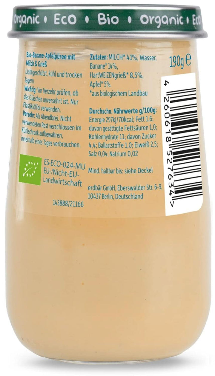 BABY FRECHE FREUNDE Bio Gläschen Abendbrei Banane, Apfel Mit Grieß Für Babys Ab 6 Monaten, Ohne Zuckerzusatz, 6 X 190G