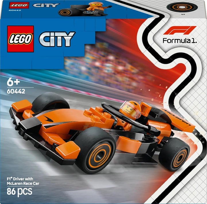 LEGO City F1 Racer cu mașină de curse Mclaren - Model de jucărie Formula 1 cu mașină de curse și minifigurină - cadou mic pentru băieți și fete de la 6 ani sau fani ai sporturilor cu motor 60442