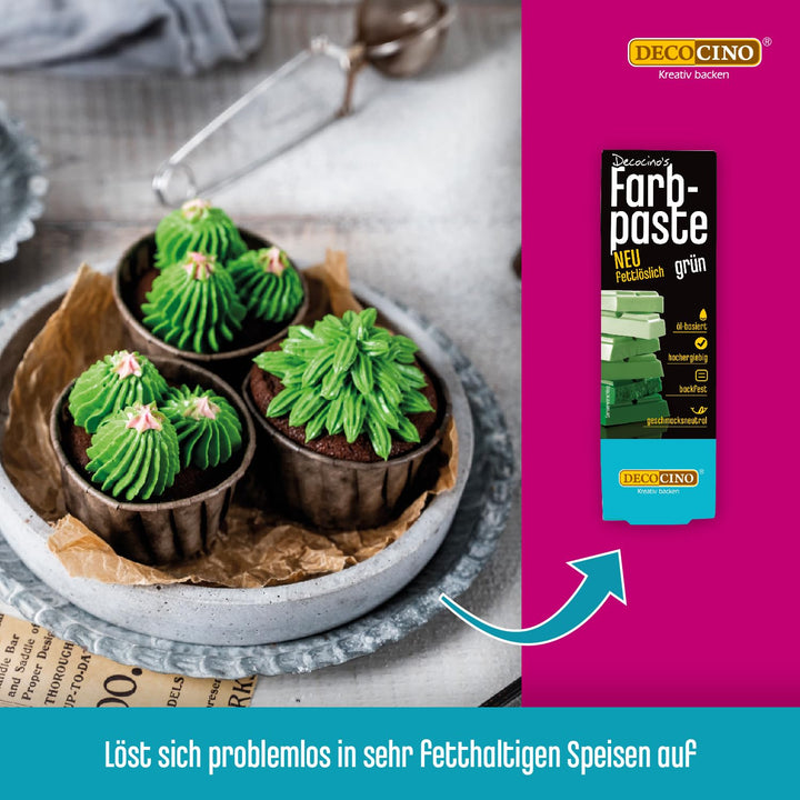 DECOCINO Fettlösliche Farbpaste Grün - 15 G - Öl-Basierte Lebensmittelfarbe, Ideal Zum Einfärben Von Schokolade, Buttercreme, Fondant Oder Kuchenteig