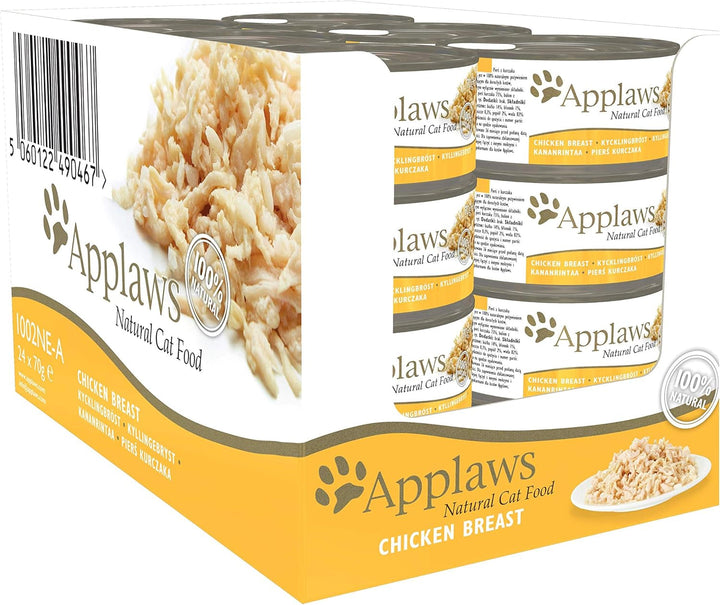 Pachet de hrană umedă pentru pisici Applaws Premium Natural, Pui în bulion 70 G Tin (Pachet 24 X 70 G) +Fillet de ton cu creveți în bulion 70 G Tin (Pachet 24 X 70 G)