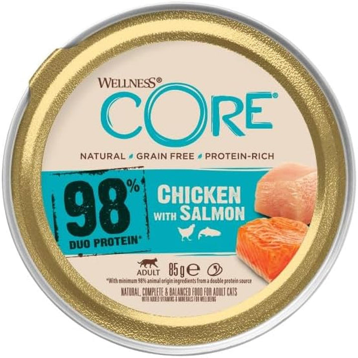 Wellness CORE 98% pui și somon, 12 X 85 G, hrană umedă premium pentru pisici adulte, pateu de hrană pentru pisici, fără zahăr adăugat, fără cereale, cu conținut ridicat de carne