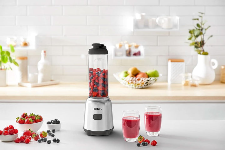 Tefal BL15FD Mix Und Move Mini-Standmixer, 300 Watt, 2 Flaschen To-Go in Premium Tritan, Kompaktes Design, Einfach Zu Reinigen, Abnehmbare Klingen, Einknopfbedienung, Silber/Grau