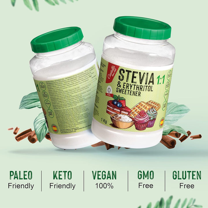 Stevia + Erythrit 1:1 Süßstoff | 1G = 1G Zucker | 100% Natürlicher Zuckerersatz - 0 Kalorien - 0 Glykämischer Index - Keto Und Paleo - 0 Netto-Kohlenhydrate - Kein GVO - Castello since 1907-1 Kg