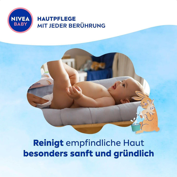 NIVEA Baby AQUA Feuchttücher, Baby Feuchttücher Zur Sanften Reinigung Empfindlicher Haut, Hypoallergene Und Parfümfreie Feuchttücher Für Babys Mit 99% Wasser (1 X 57 Stück)