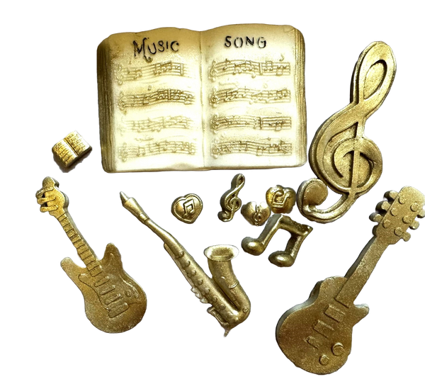 Lot de 10 décorations comestibles en pâte à sucre, Instruments de musique