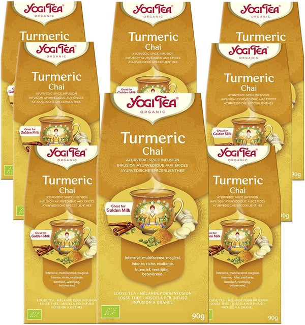 Yogi Tea - Kurkuma Chai, ceai ayurvedic organic cu mirodenii, fără cofeină, amestec de curcuma, scorțișoară și ghimbir, ceai Yogi vrac, pachet de 8 x 90 g (720 g), ideal ca cadou