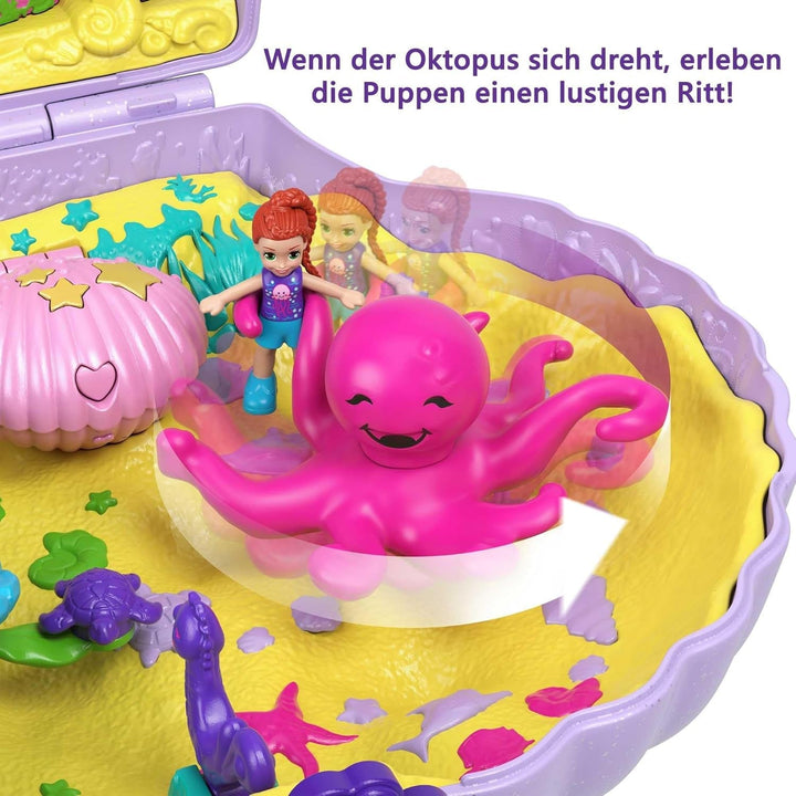 Sicriu Polly Pocket, sac de cochilie pentru înfășurat în jurul temei subacvatice, cu 2 păpuși și 1 submarin, jucărie sirenă Polly Pocket, jucărie de la 4 ani, GNH11