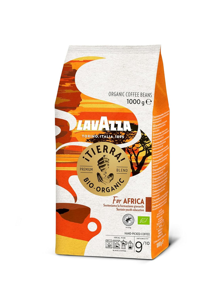 Lavazza, Tierra for Africa, 100% Bio Kaffeebohnen, Ideal Für Espressomaschinen, Kräftiger Und Vollmundiger Geschmack, Intensität 9/10, Aromen Von Nüssen, Mittlere Röstung, 1 Kg Packung