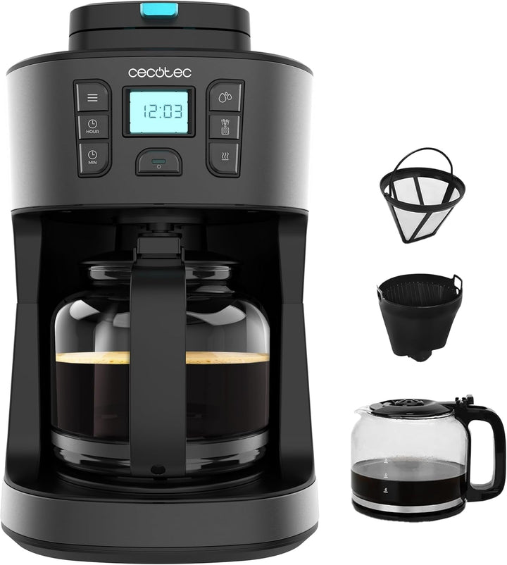 Cafetieră cu picurare Cecotec Coffee 66 Grind & Drop Essential. 1086 W, râșniță cu lame, până la 12 cești, tehnologie Extreme Aroma, digitală, fabricată din oțel inoxidabil, cu oprire automată.