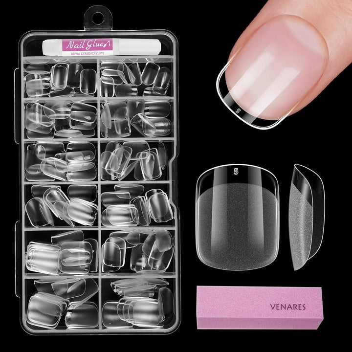 Tipuri de unghii pentru unghii cu gel, set 120 bucăți unghii artificiale scurte, culoare migdale, 11 dimensiuni unghii cu gel, tipuri de unghii cu lipici, bloc de buffer pentru unghii