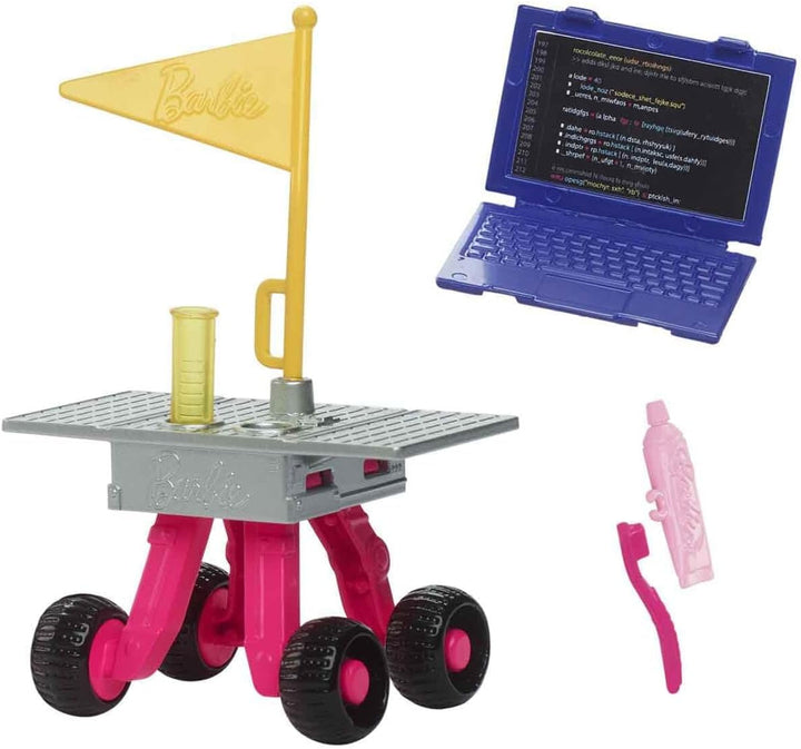 Barbie 65th Anniversary Doll și 10 accesorii, set astronaut cu păpușă brunetă, Rover cu roți, cască spațială cu vizor personalizabil și multe altele, HRG45