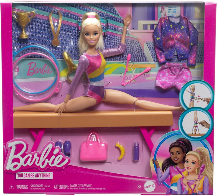 Barbie Gym Fun Playset cu bară de echilibru și peste 10 piese tematice potrivite pentru povești victorioase, HRG52