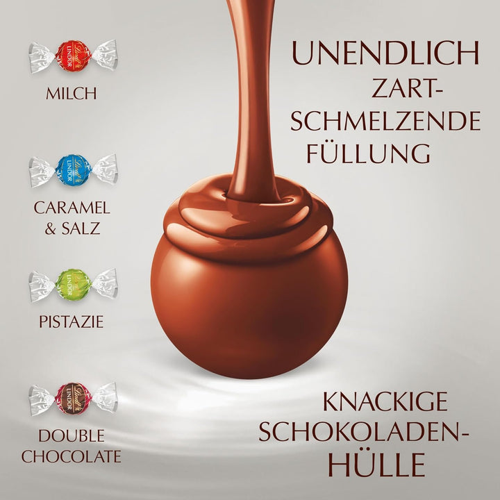 Lindt Schokolade LINDOR Mischung Silber | Ca. 26 Kugeln Mit Zartschmelzender Füllung in Den Sorten Milch, Caramel & Salz, Pistazie, Double Chocolate | Pralinen Geschenk | Schokoladengeschenk, 325G