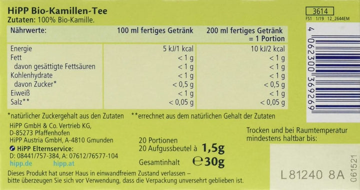 Hipp Bio Teegetränke Bio-Kamillen-Tee, 6Er Pack (6 X 30 G)