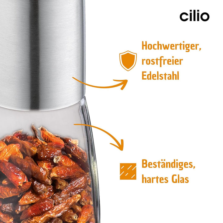 Cilio Chili Mühle PICCANTE | Zum Selbstbefüllen | Ø 6,5Cm, H: 14,5Cm | Mit Verschlusskappe | Inkl. Beschreibbaren Aufklebern | Für Gleichmäßig Feine Chilli Flocken