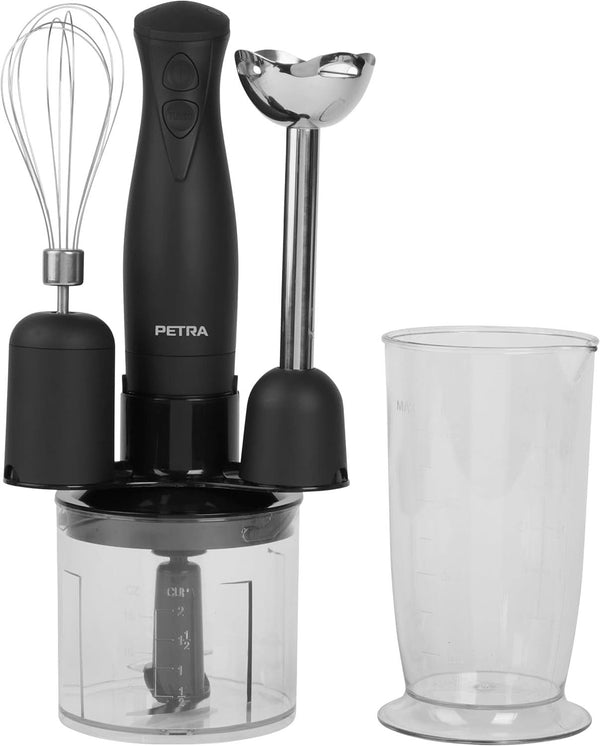 Petra PT2827BMBLKVDE 3-In-1 Mixer – Bpa-Freie Anbauteile, 500Ml-Schüssel, 700Ml-Becher, Schneebesen, Mixen, Zerkleinern, 2 Geschwindigkeiten, Edelstahlklingen, Für Babynahrung, Smoothies, Saucen, 350W